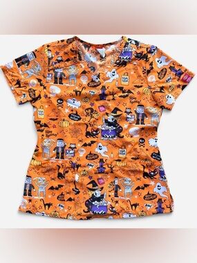 Dickies Orange Halloween Scrub Top with Witch & Ghost Print